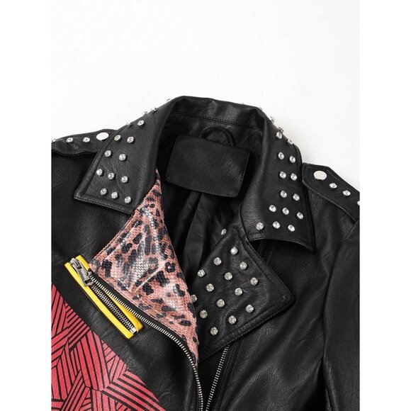 Women Faux Leather Motorcycle Jacket Multicolor Stand Collar with Pockets Coat - Picture 4 of 5